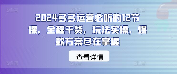 2024多多运营必听的12节课,全程干货,玩法实操,爆款方案尽在掌握