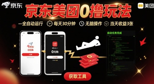 京东美团平台最新0撸玩法,全自动挂G,每天30分钟,无脑操作,当天收益3张【揭秘】-志拓网创
