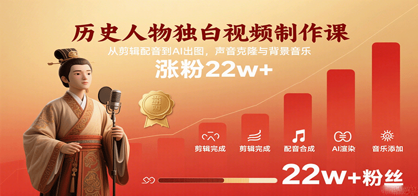 历史人物独白视频制作课,从剪辑配音到AI出图,声音克隆与背景音乐,涨粉22w+-志拓网创