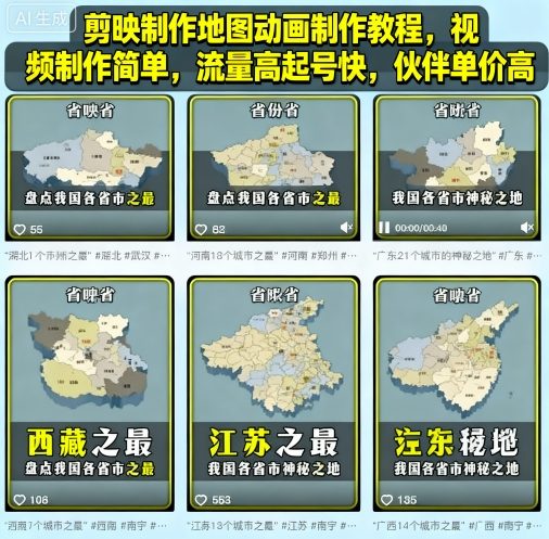剪映制作地图动画制作教程,视频制作简单,流量高起号快,伙伴单价高-志拓网创