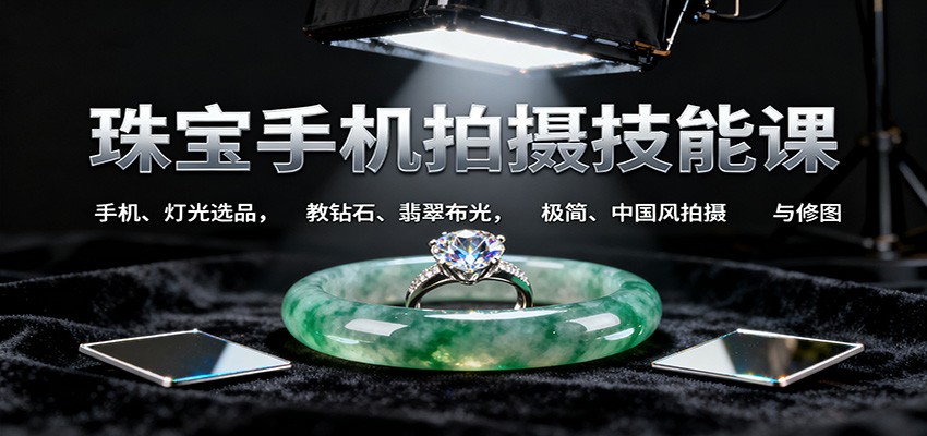 珠宝手机拍摄技能课:手机、 灯光选品,教钻石、翡翠布光,极简、中国风拍摄与修图-志拓网创