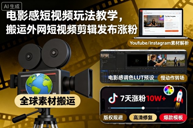 电影感短视频玩法教学,搬运外网短视频剪辑发布涨粉-志拓网创