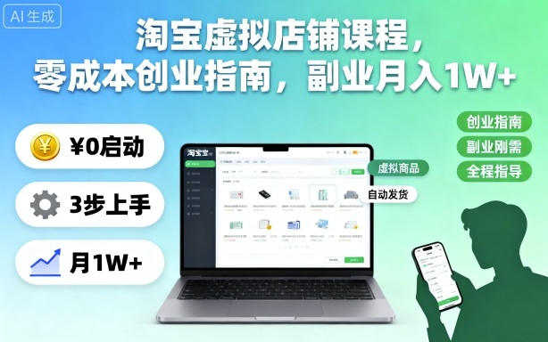 淘宝虚拟店铺课程,零成本创业指南,副业月入1W+-志拓网创