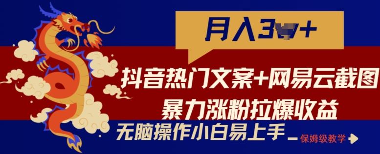 抖音热门文案+网易云截图暴力涨粉拉爆收益玩法，小白无脑操作，简单易上手【揭秘】-志拓网创