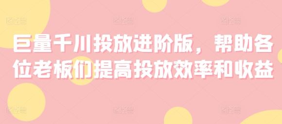 巨量千川投放进阶版，帮助各位老板们提高投放效率和收益-志拓网创