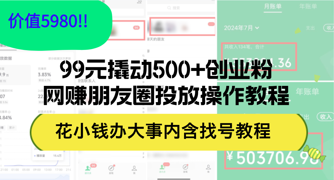 （12431期）99元撬动500+创业粉，网赚朋友圈投放操作教程价值5980！花小钱办大事内…-志拓网创
