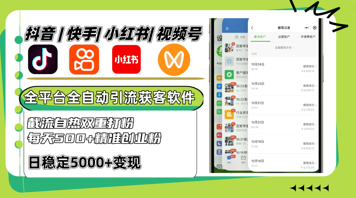 抖音快手小红书视频号全平台全自动引流获客系统，截流自热双重打粉，每天500+精准粉-志拓网创