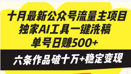 （13156期）十月最新公众号流量主项目，独家AI工具一键洗稿单号日赚500+，六条作品…-志拓网创