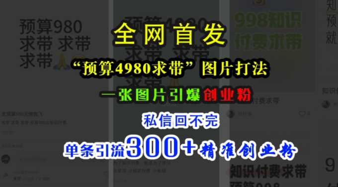 小红书“预算4980带我飞”图片打法，一张图片引爆创业粉，私信回不完，单条引流300+精准创业粉-志拓网创