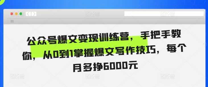 公众号爆文变现训练营，手把手教你，从0到1掌握爆文写作技巧，每个月多挣6000元-志拓网创