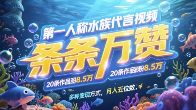 第一人称水族代言视频，条条万赞，20条作品涨粉7.8W，多种变现方式月入五位数-志拓网创