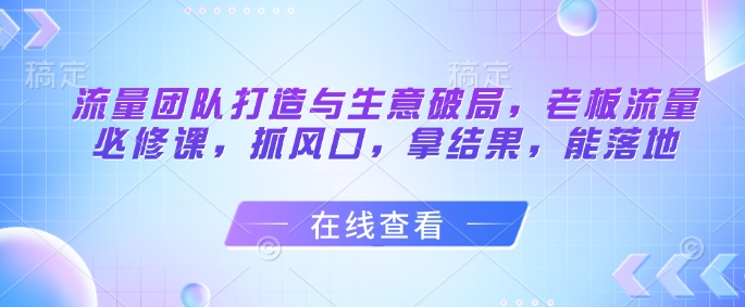 流量团队打造与生意破局，老板流量必修课，抓风口，拿结果，能落地-志拓网创