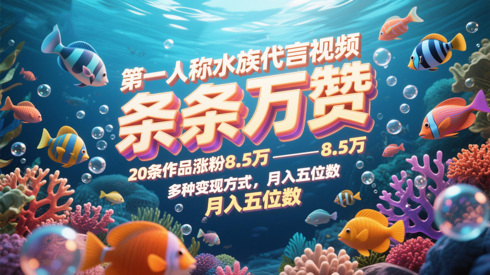 第一人称水族代言视频，条条万赞，20条作品涨粉8.5万，多种变现方式月，入五位数-志拓网创