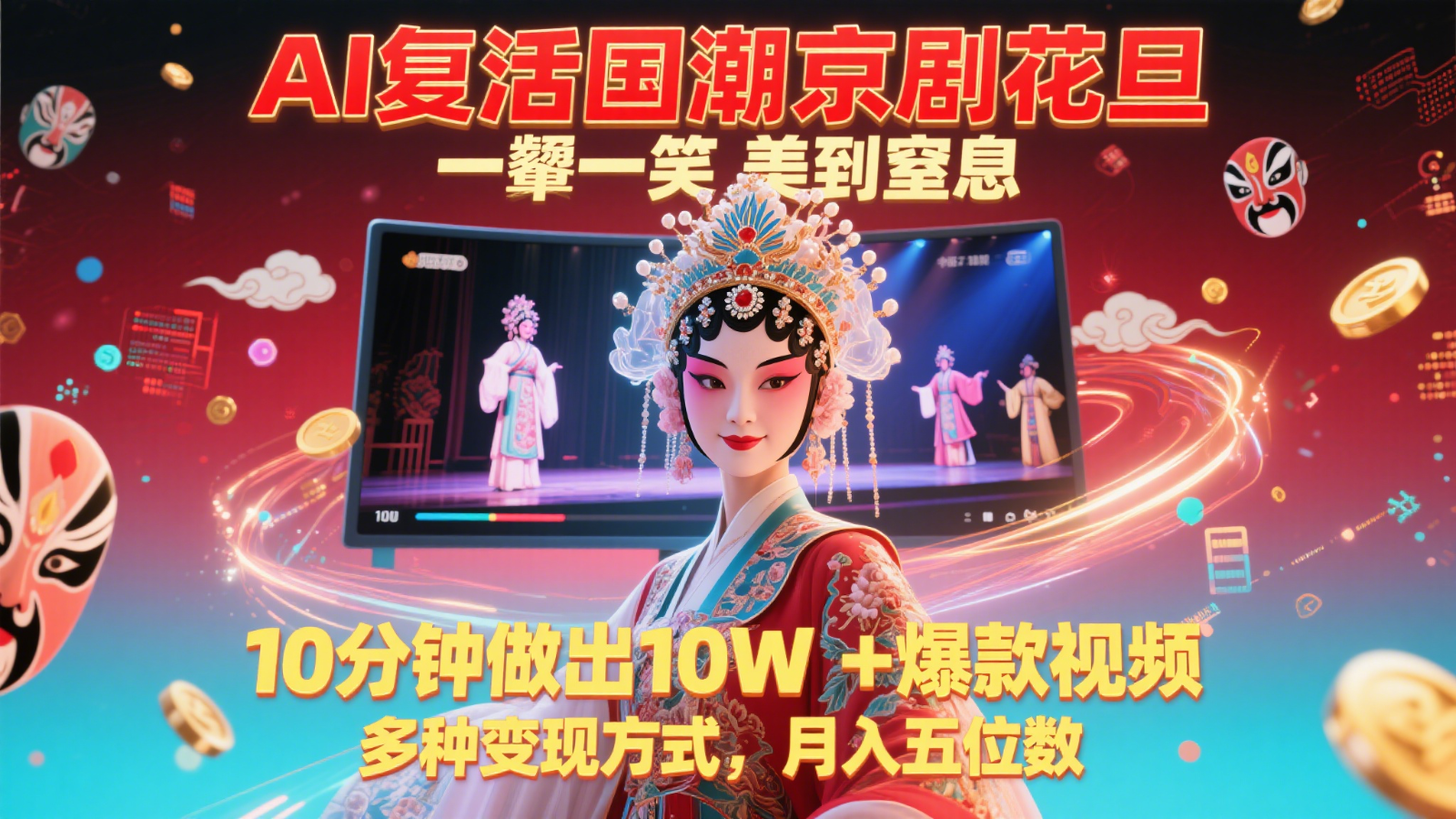AI复活国潮京剧花旦，一颦一笑美到窒息，10分钟做出10W+爆款视频，多种变现方式，…-志拓网创