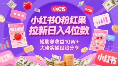 小红书0粉红果短剧拉新日入4位，数短剧总收益10W+大佬实操经验分享-志拓网创