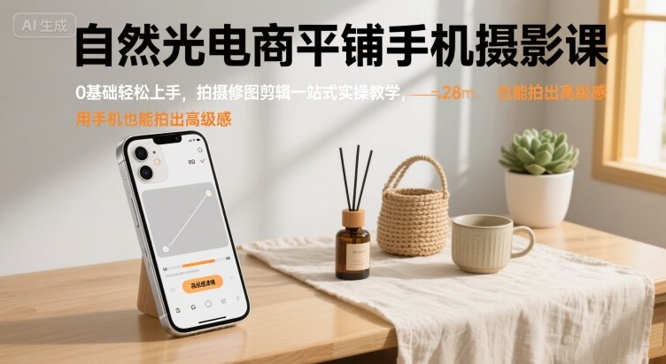 自然光电商平铺手机摄影课，0基础轻松上手，拍摄修图剪辑一站式实操教学，用手机也能拍出高级感-志拓网创