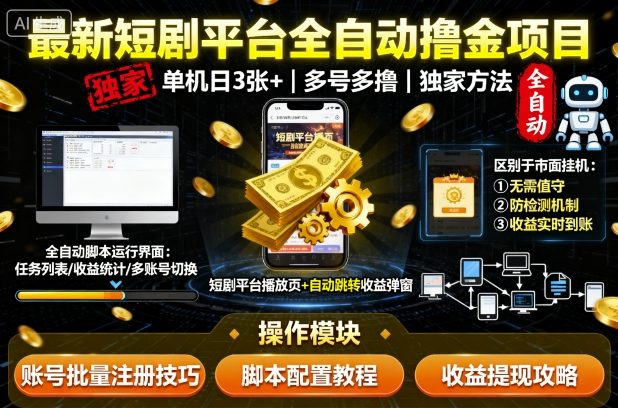 最新短剧平台全自动挂G撸金项目，单机一天3张+，多号多撸，区别于市面所有挂机项目，独家方法【揭秘】-志拓网创