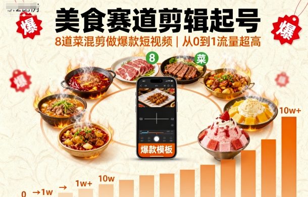 美食赛道剪辑起号，8道菜混剪做爆款短视频，从0到1，流量超高-志拓网创