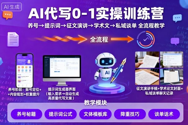 AI代写0-1实操训练营，从养号、提示词、征文演讲、学术文，到私域谈单的全流程教学-志拓网创