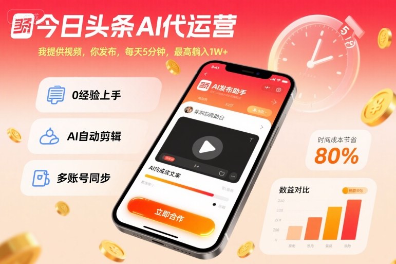 今日头条AI代运营，我提供视频，你发布，每天5分钟，最高躺入1W+【揭秘】-志拓网创