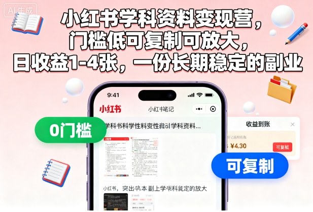 小红书学科资料变现营，门槛低可复制可放大，日收益1-4张，一份长期稳定的副业-志拓网创