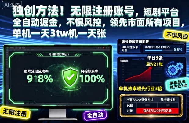 独创方法！无限注册账号，短剧平台全自动掘金，不惧风控，领先市面所有项目，单机一天3张【揭秘】-志拓网创